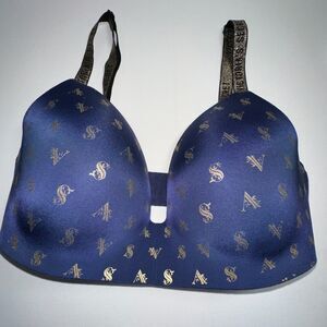 Victoria’s Secret Bra 34DD Navy Blue Gold VS Print Blue Gold Logo Shimmer Strap